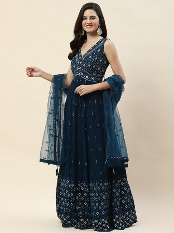 Sequin Embroidery Georgette Kurta With Palazzo & Dupatta