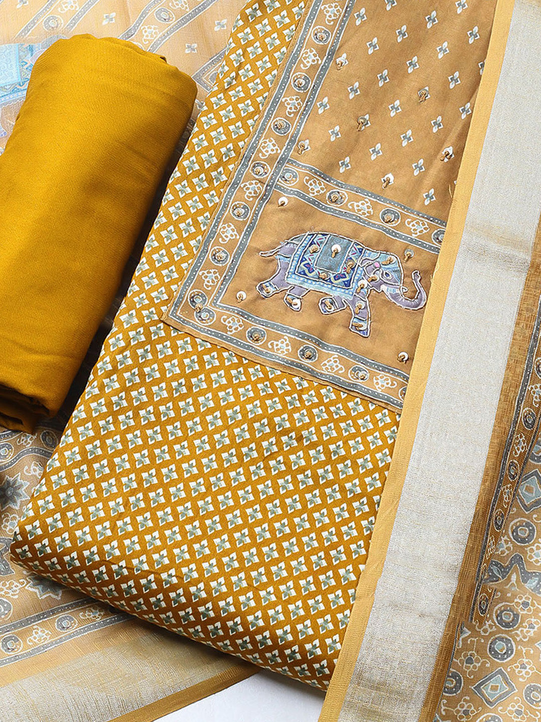 Printed Cotton Blend Unstitched Suit With Pant &amp; Dupatta
