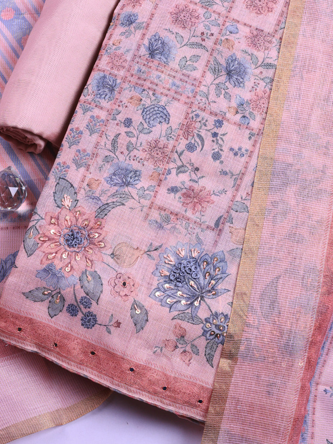 Printed Linen Blend Unstitched Suit With Pant &amp; Dupatta