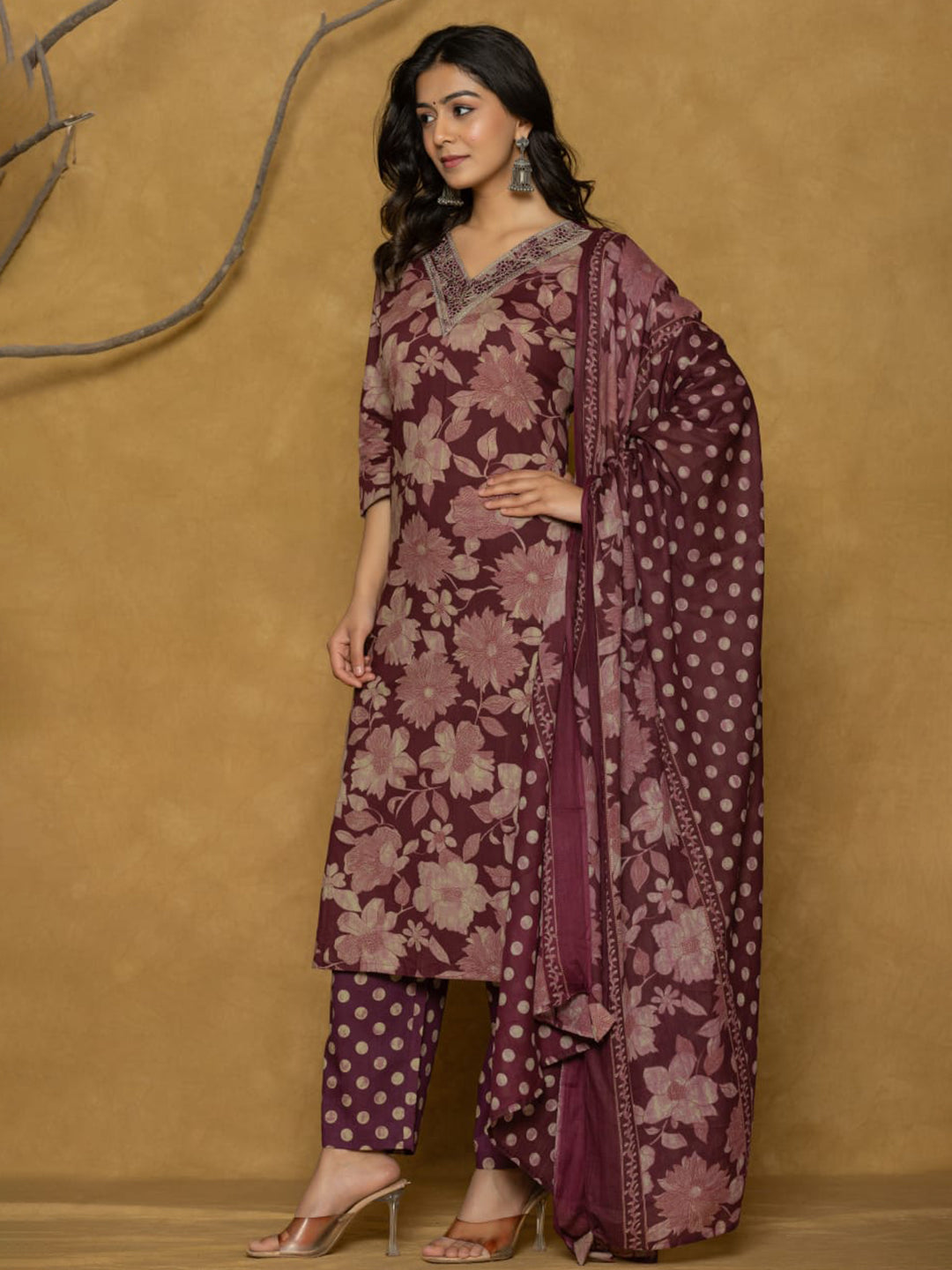 Printed Cotton Blend Kurta With Pants & Dupatta