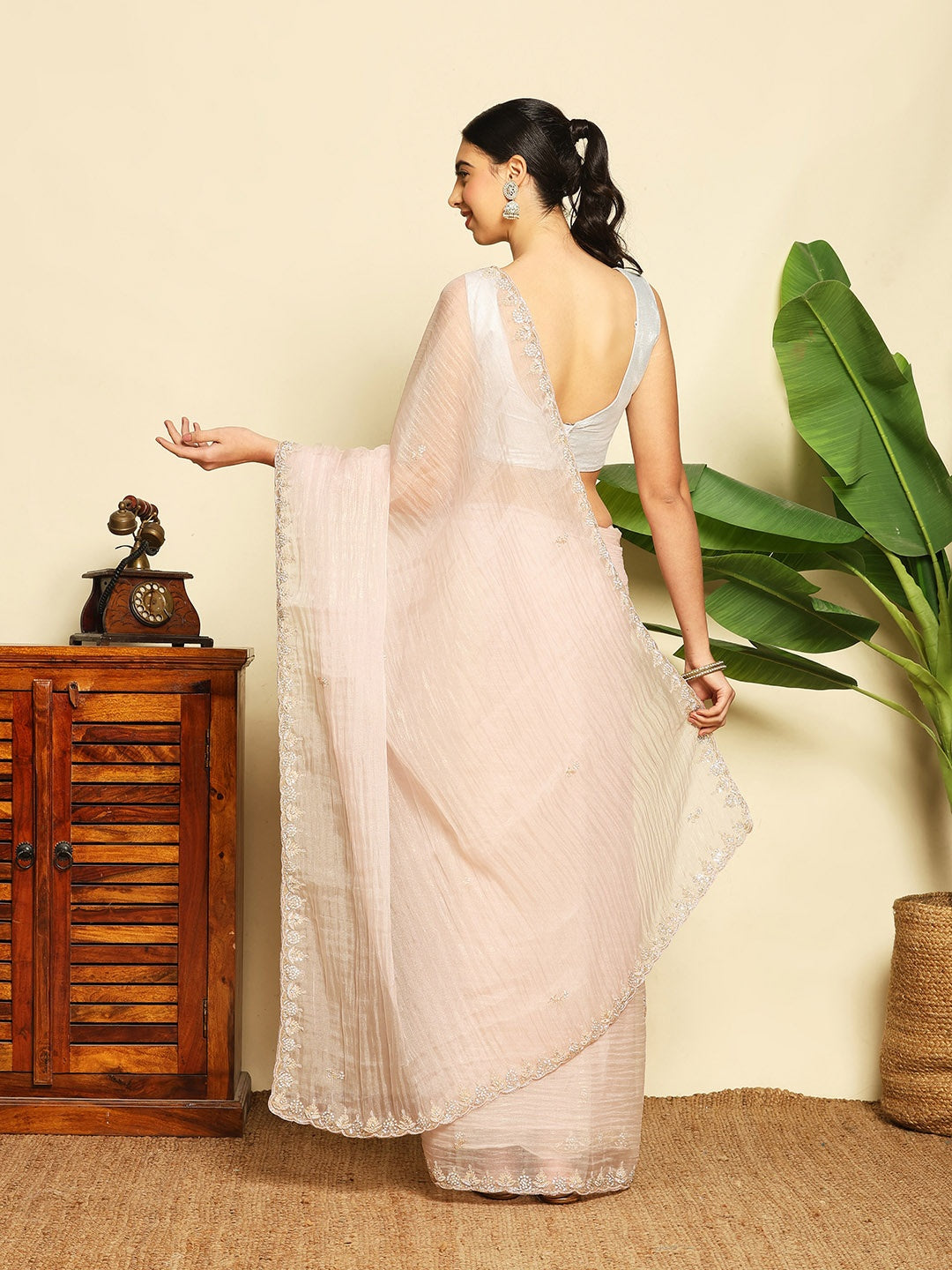 Stone &amp; Sequin Embellished Tissue Saree