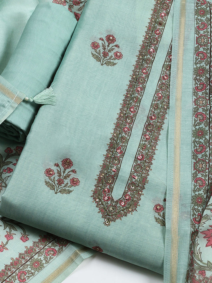 Embroidered Chanderi Unstitched Suit With Pant &amp; Dupatta