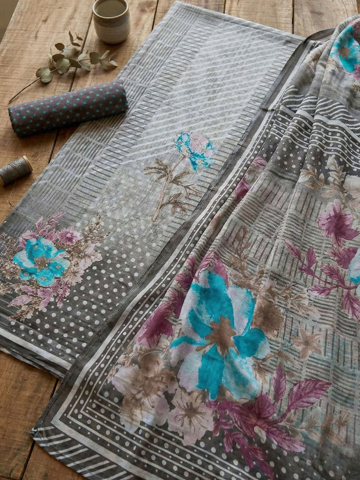 Printed Chanderi Unstitched Suit With Pant &amp; Dupatta