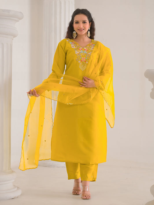 Neck Embroidery Cotton Blend Kurta With Pants & Dupatta