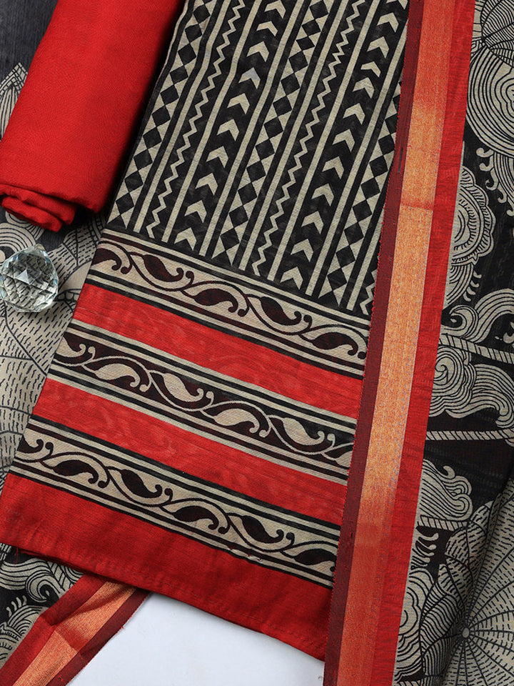 Printed Chanderi Unstitched Suit With Pant &amp; Dupatta