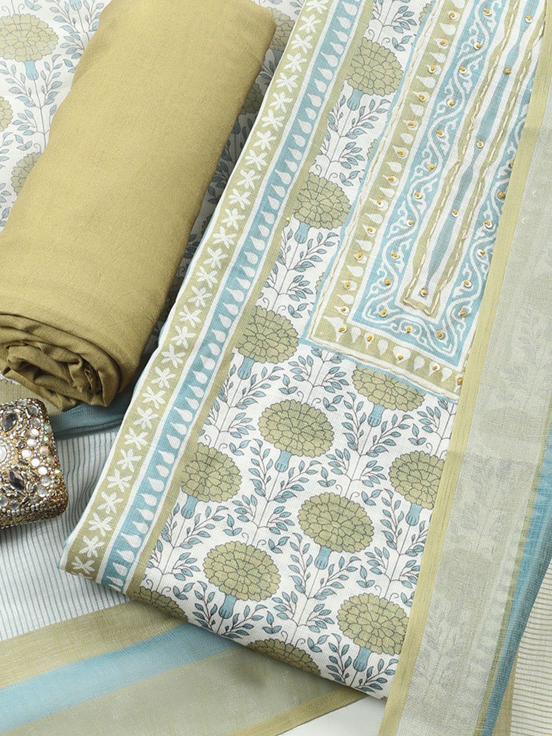 Printed Linen Blend Unstitched Suit With Pant &amp; Dupatta