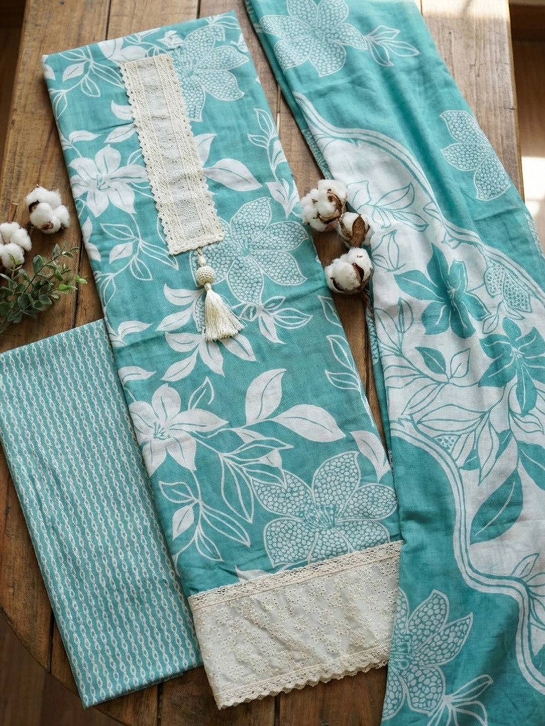 Printed Cotton Blend Unstitched Suit With Pant &amp; Dupatta