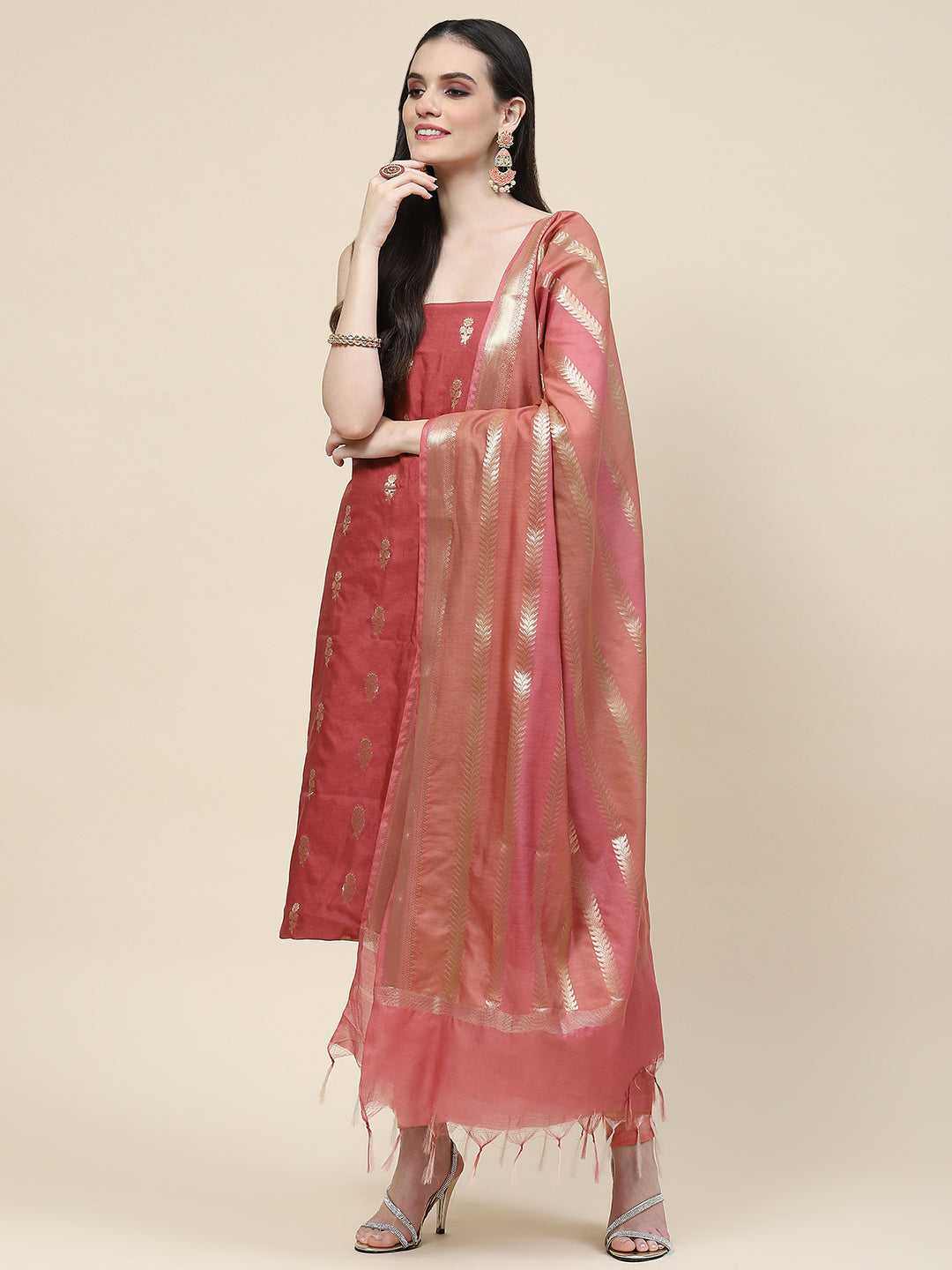 Woven Booti Chanderi Unstitched Suit Piece With Dupatta
