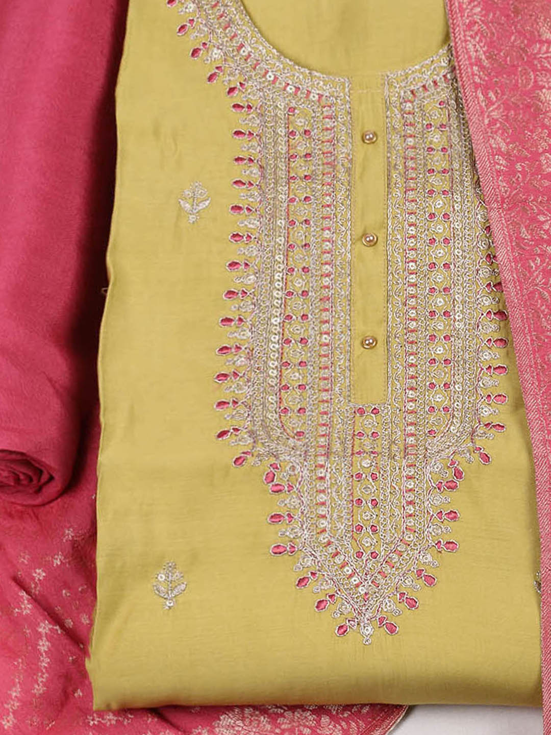 Embroidered Chanderi Unstitched Suit With Pant &amp; Dupatta