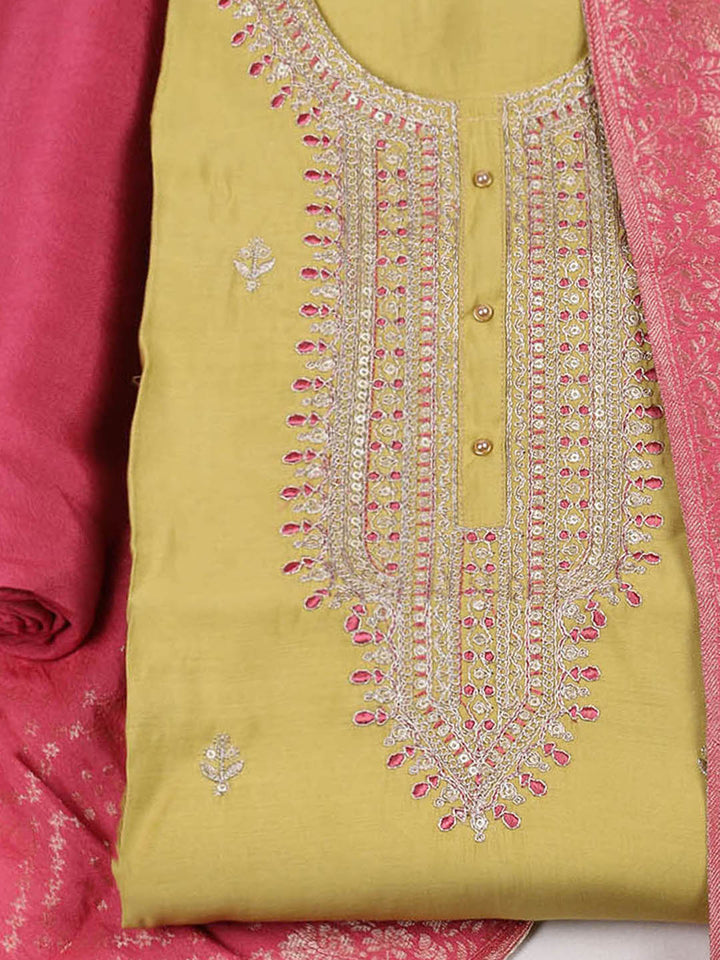 Embroidered Chanderi Unstitched Suit With Pant &amp; Dupatta