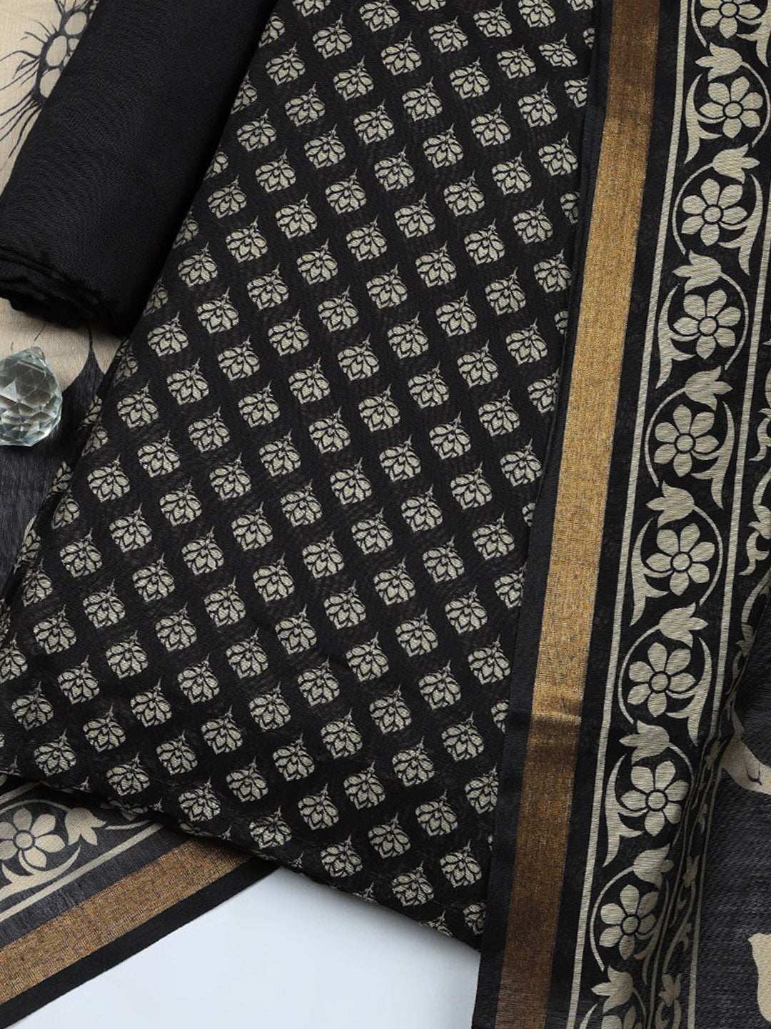 Printed Chanderi Unstitched Suit With Pant &amp; Dupatta