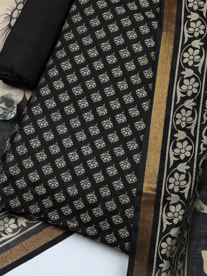 Printed Chanderi Unstitched Suit With Pant &amp; Dupatta