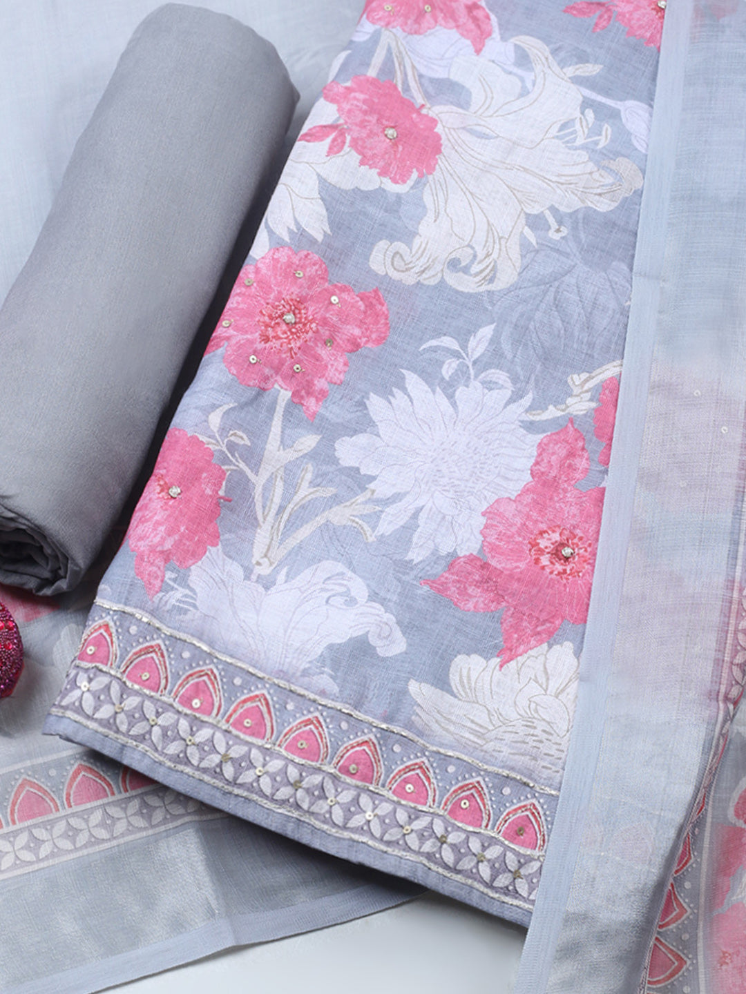 Embroidered Linen Blend Unstitched Suit With Pant &amp; Dupatta