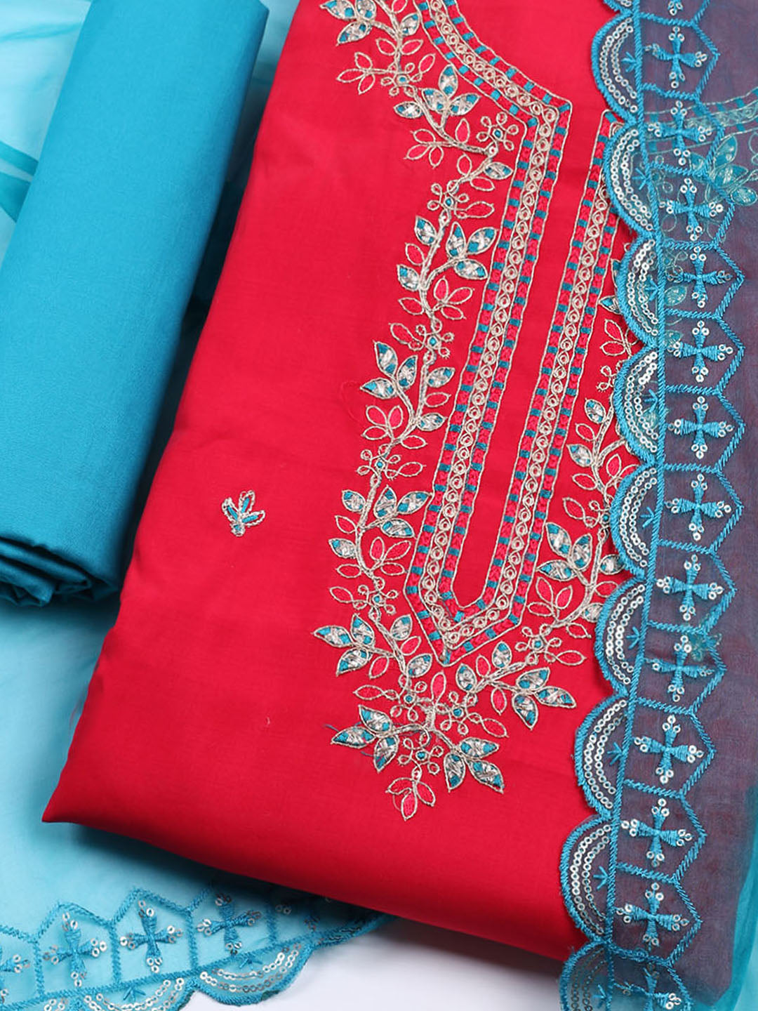 Neck Embroidered Chanderi Unstitched Suit With Dupatta