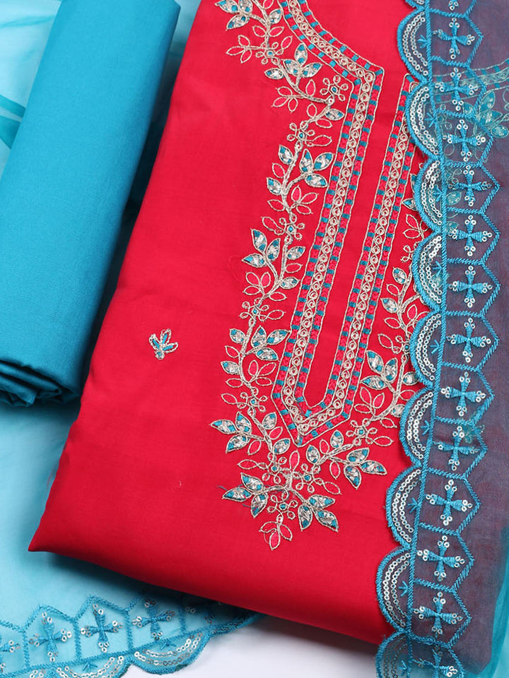 Neck Embroidered Chanderi Unstitched Suit With Dupatta