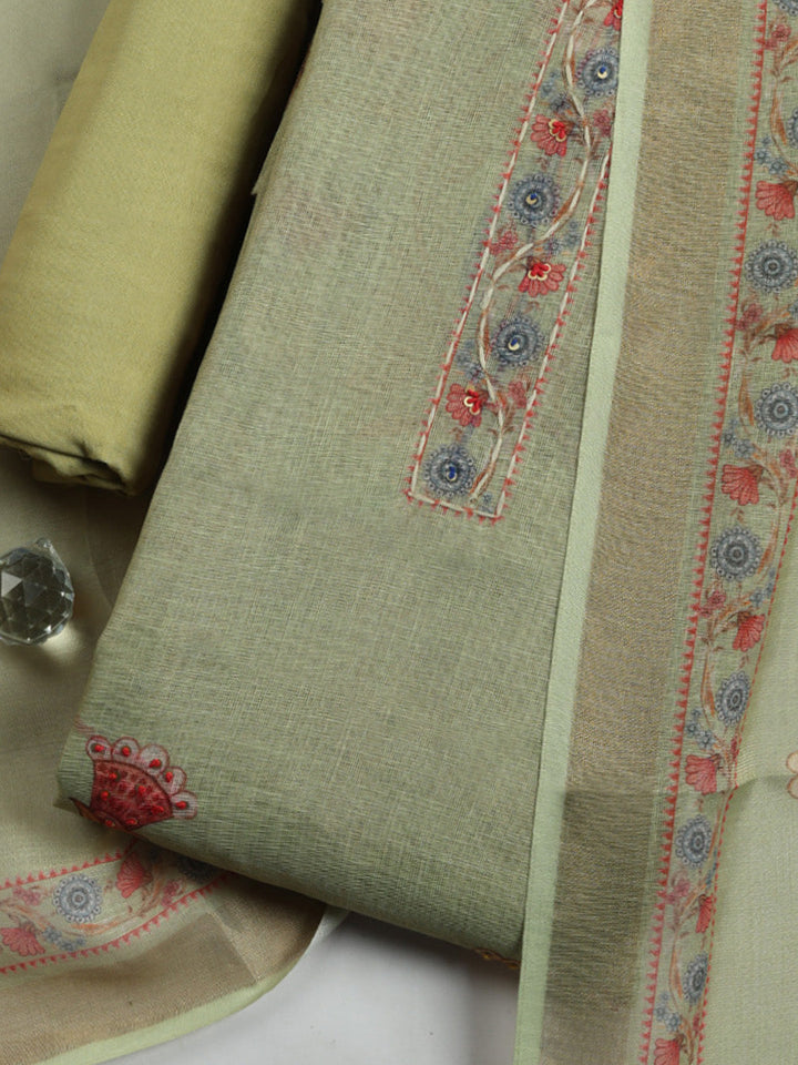 Printed Linen Blend Unstitched Suit With Pant &amp; Dupatta