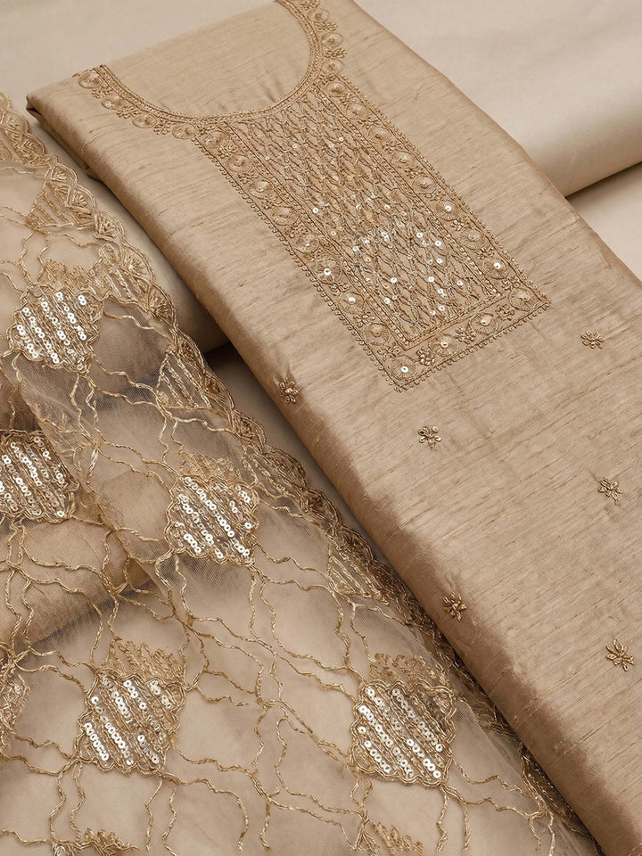 Neck Embroidered Chanderi Unstitched Suit With Dupatta