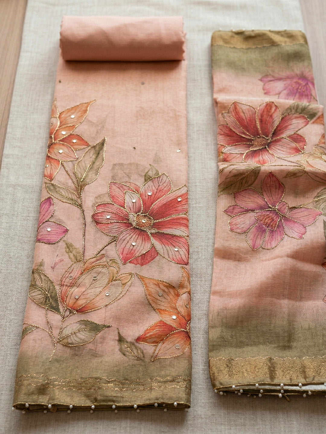 Embroidered Linen Blend Unstitched Suit With Pant &amp; Dupatta