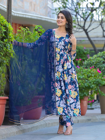 Floral Printed Cotton Kurta With Pants & Dupatta