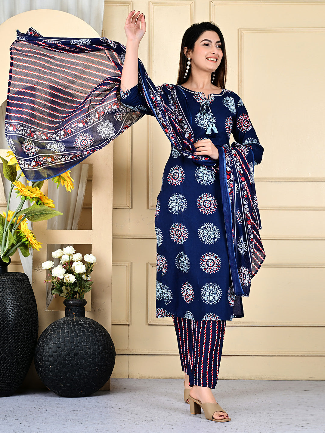 Printed Cotton Blend Kurta With Pants &amp; Dupatta