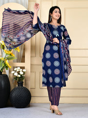 Printed Cotton Blend Kurta With Pants & Dupatta