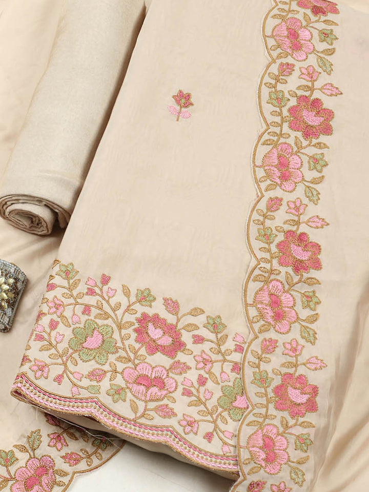 Embroidered Chanderi Unstitched Suit With Pant &amp; Dupatta