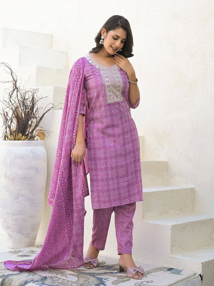 Floral Printed Cotton Kurta With Pants &amp; Dupatta