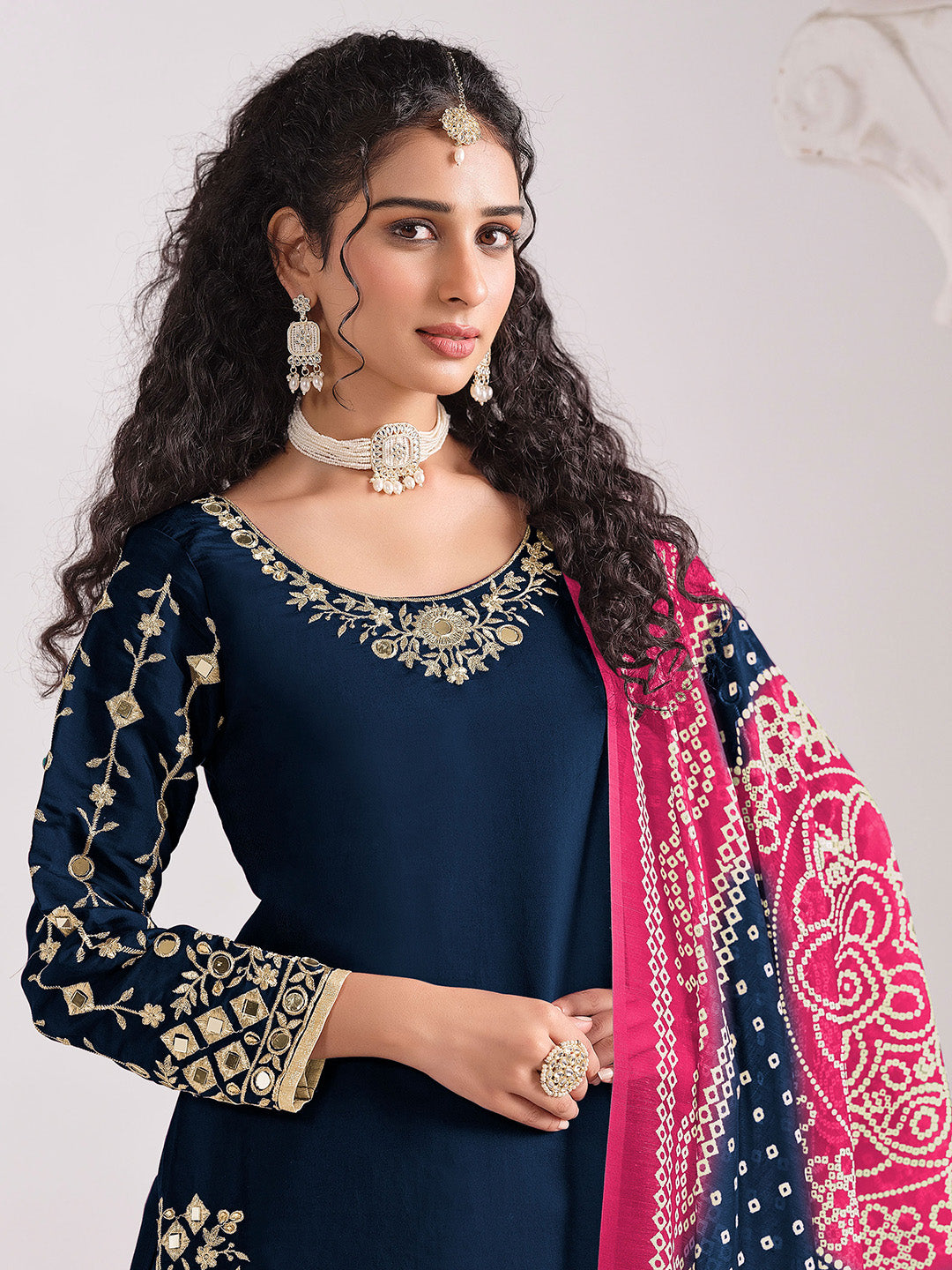 Embroidered Art Silk Semi Stitched Kurta With Patiala Salwar &amp; Dupatta