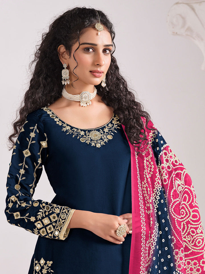Embroidered Art Silk Semi Stitched Kurta With Patiala Salwar &amp; Dupatta