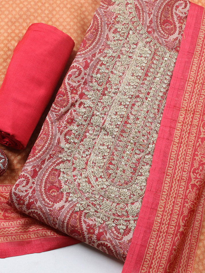 Embroidered Cotton Blend Unstitched Suit With Pant &amp; Dupatta