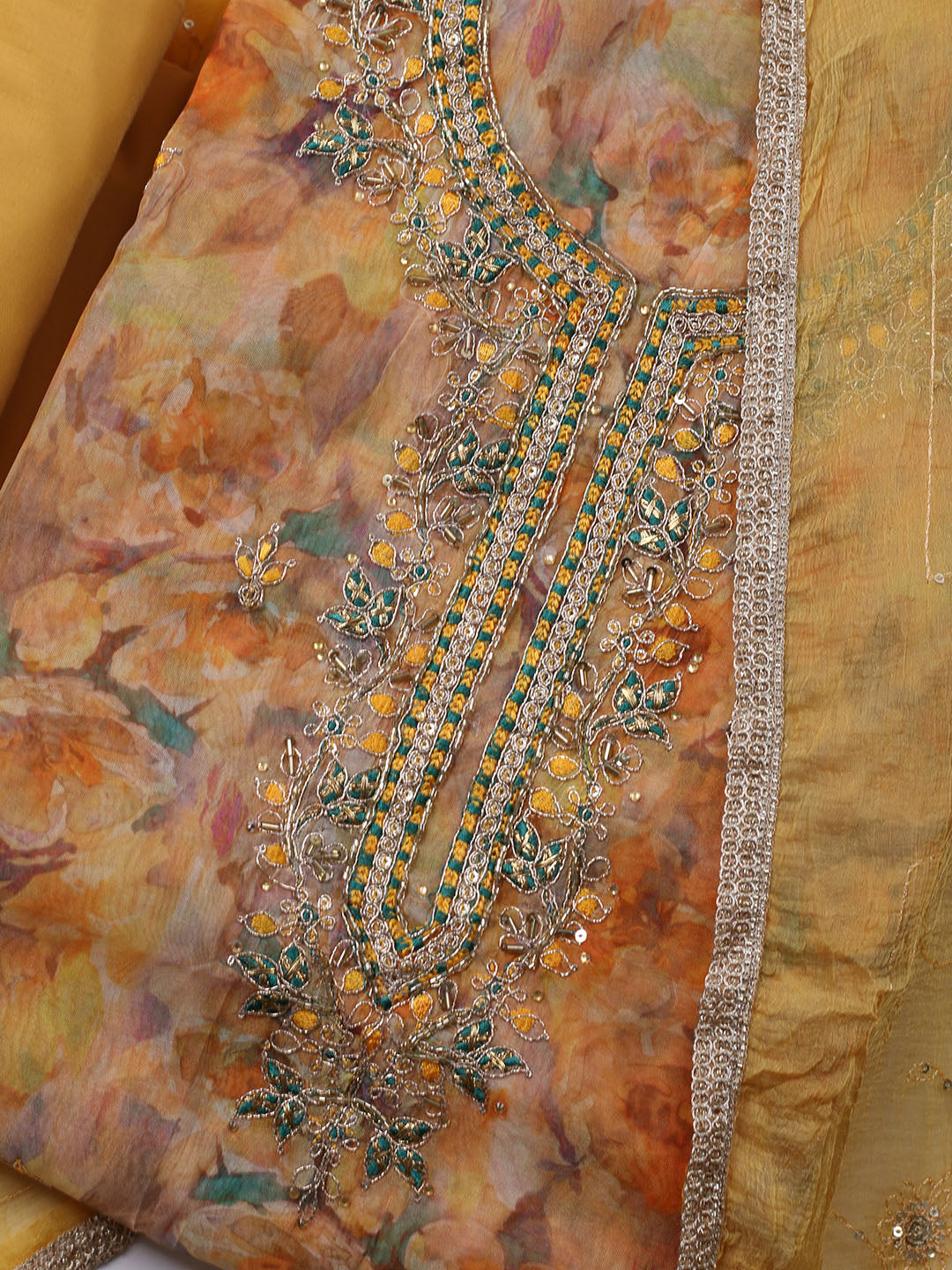 Neck Embroidered Organza Unstitched Suit With Dupatta