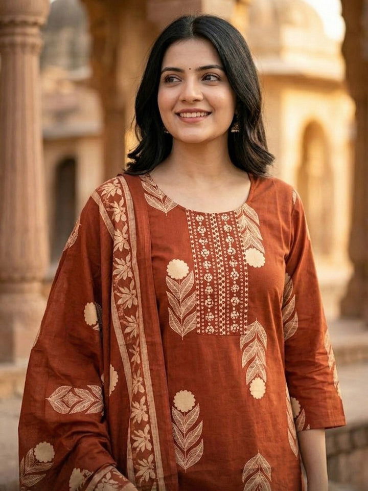 Red Embroidered Cotton Blend Straight Suit Set With Dupatta