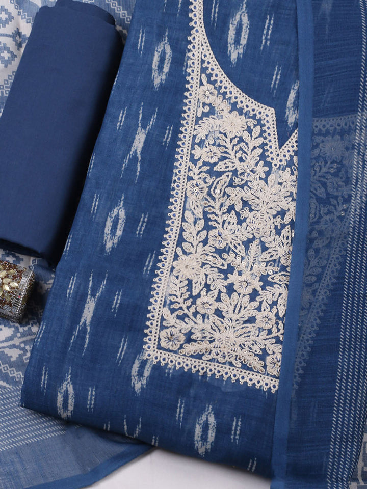 Embroidered Linen Blend Unstitched Suit With Pant &amp; Dupatta