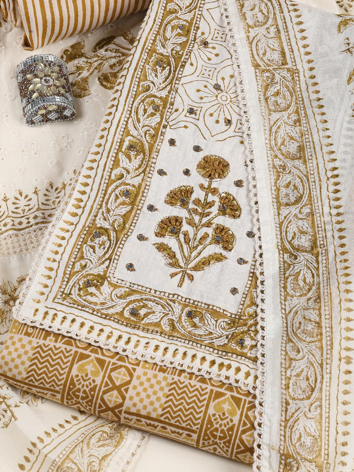 Schiffli Printed Cotton Blend Unstitched Suit Piece With Dupatta