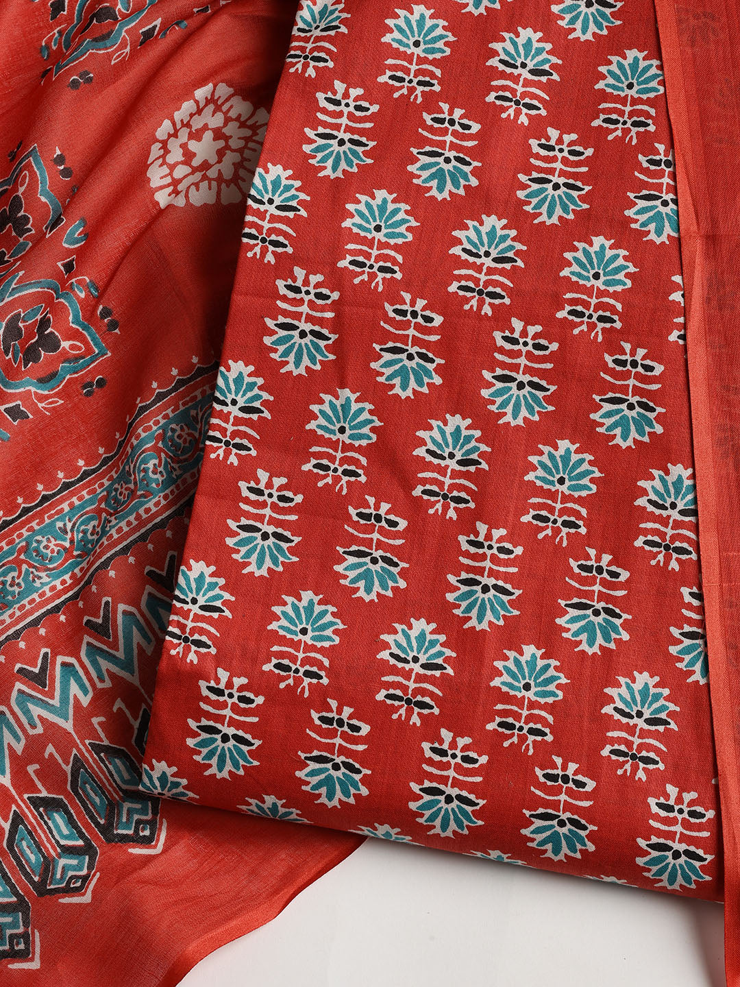 Printed Cotton Blend Unstitched Suit With Dupatta