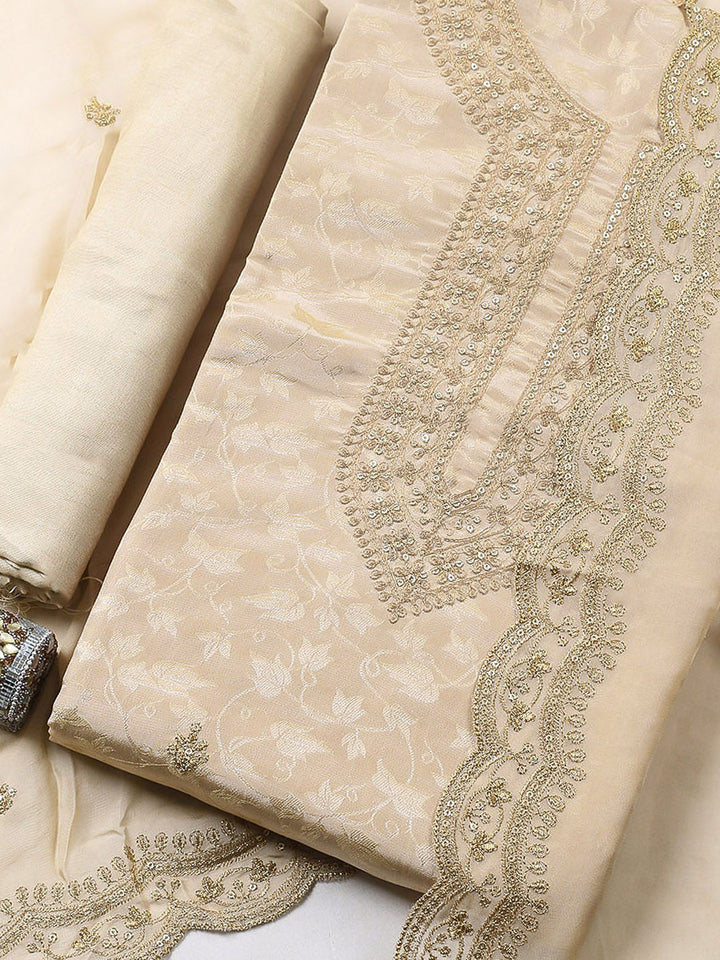 Embroidered Chanderi Unstitched Suit With Pant &amp; Dupatta