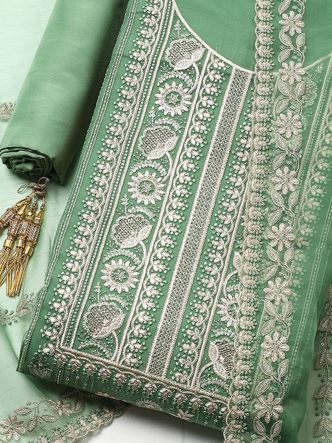 Embroidered Organza Unstitched Suit With Pant &amp; Dupatta