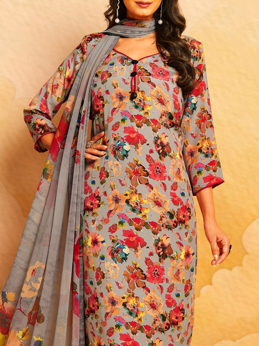 Printed Crepe Unstitched Suit With Pant &amp; Dupatta