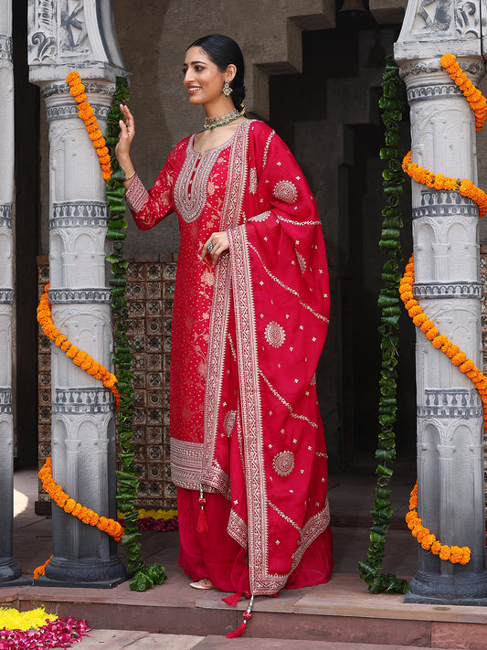 Woven Banarasi Kurti With Palazzo & Dupatta