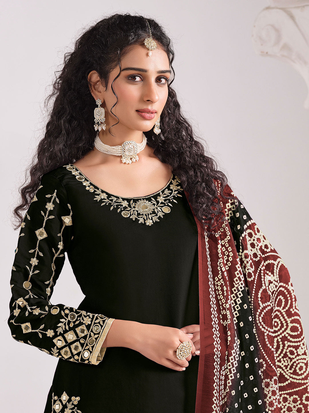 Embroidered Art Silk Semi Stitched Kurta With Patiala Salwar &amp; Dupatta