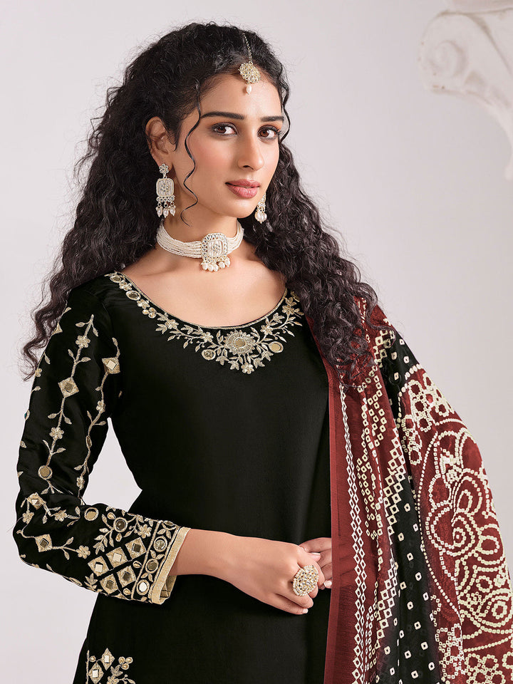 Embroidered Art Silk Semi Stitched Kurta With Patiala Salwar &amp; Dupatta