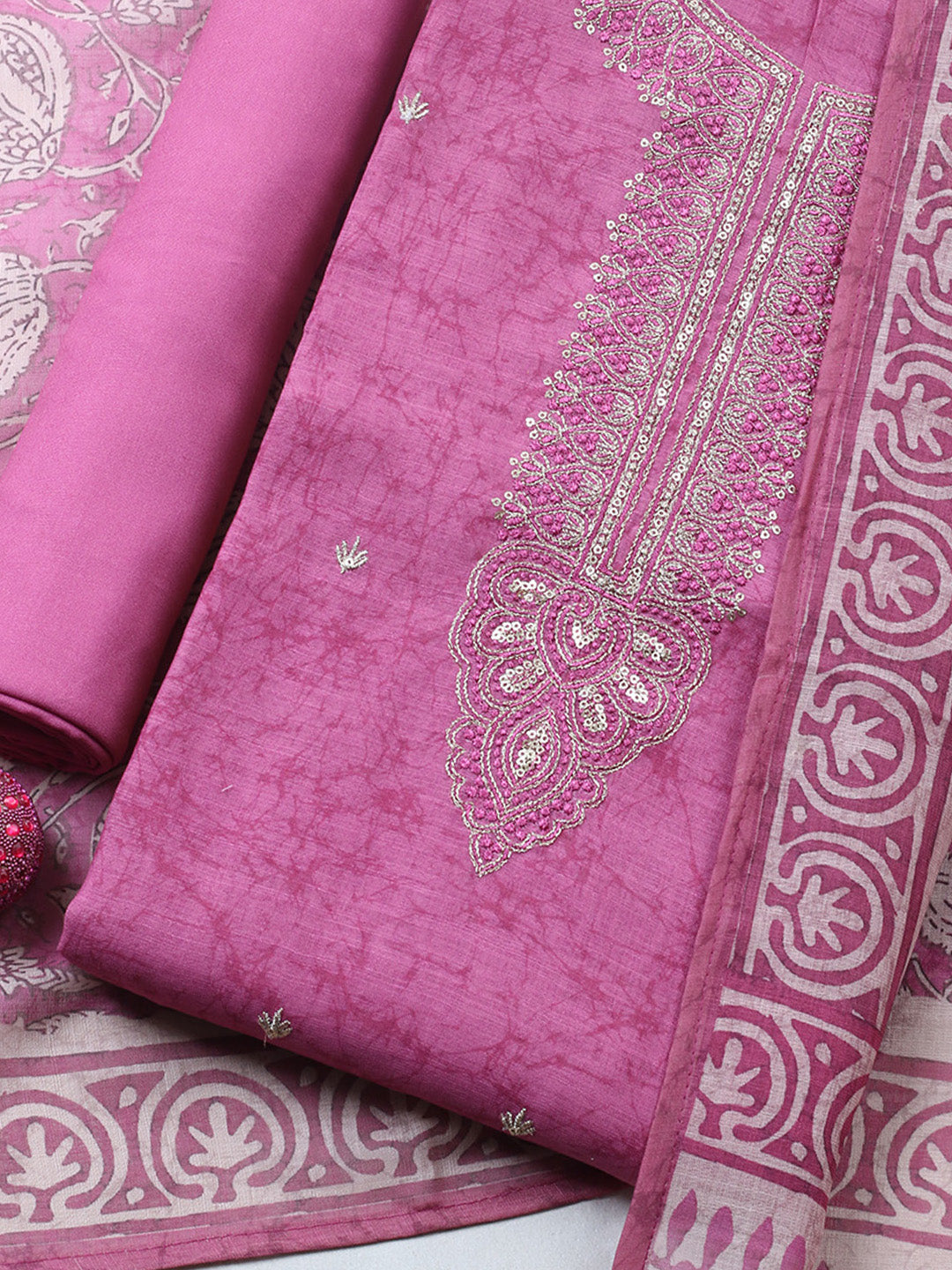 Embroidered Chanderi Unstitched Suit With Pant &amp; Dupatta