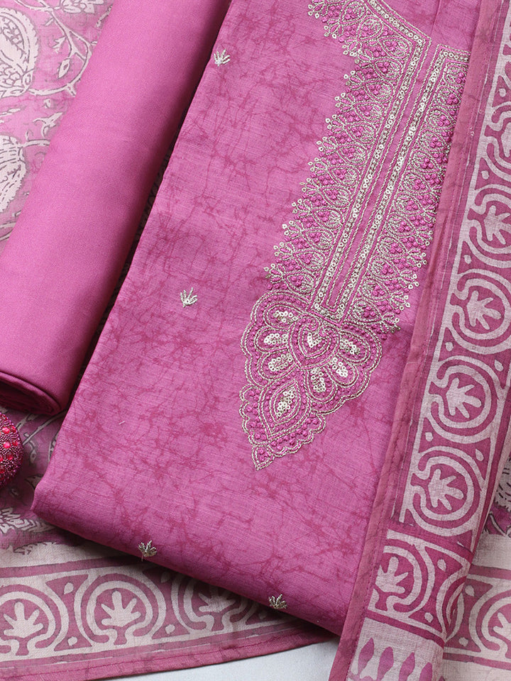 Embroidered Chanderi Unstitched Suit With Pant &amp; Dupatta