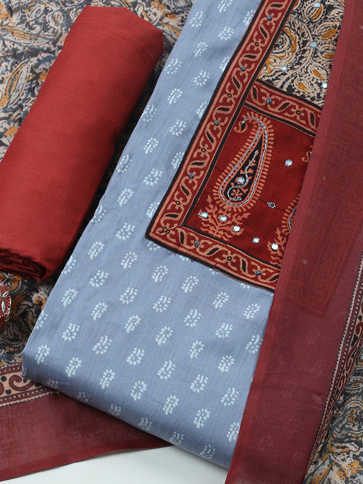 Printed Cotton Blend Unstitched Suit With Pant &amp; Dupatta