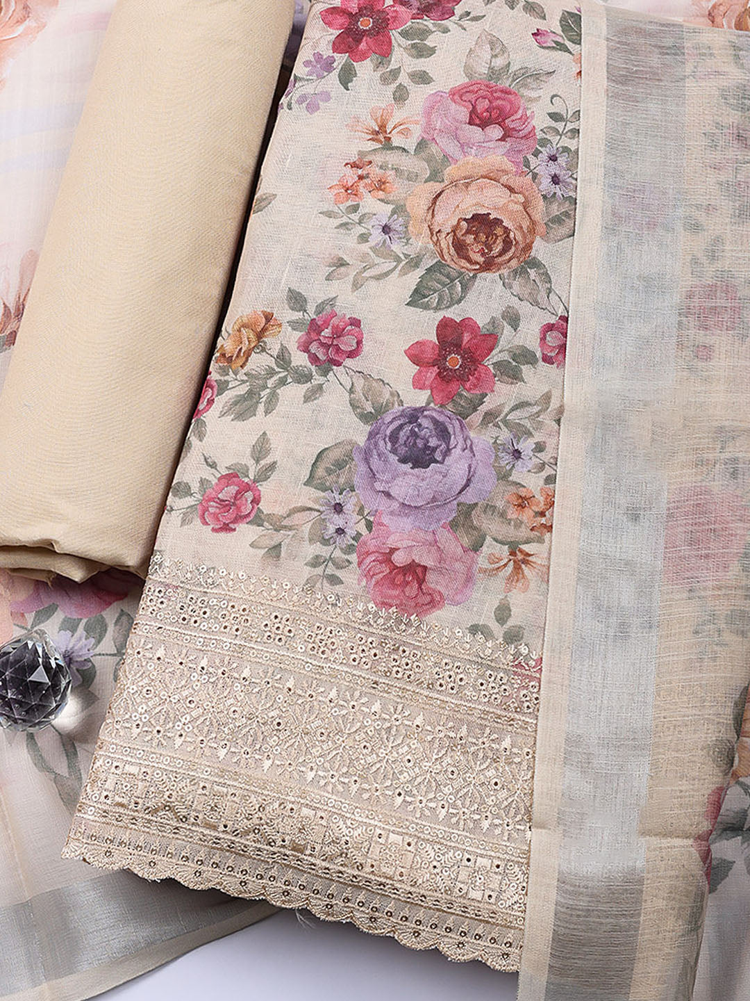 Embroidered Linen Blend Unstitched Suit With Pant &amp; Dupatta