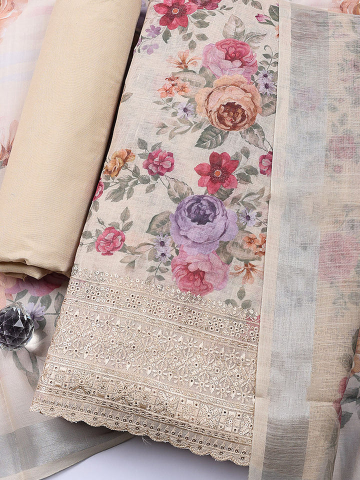 Embroidered Linen Blend Unstitched Suit With Pant &amp; Dupatta