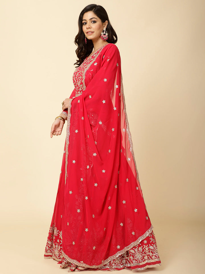 Resham Embroidery Georgette Kurta With Lehenga &amp; Dupatta