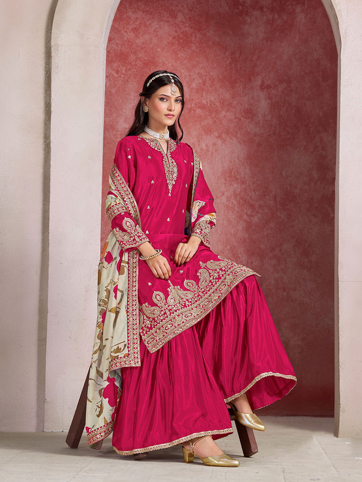 Embroidered Chinnon Semi Stitched Kurta With Sharara &amp; Dupatta