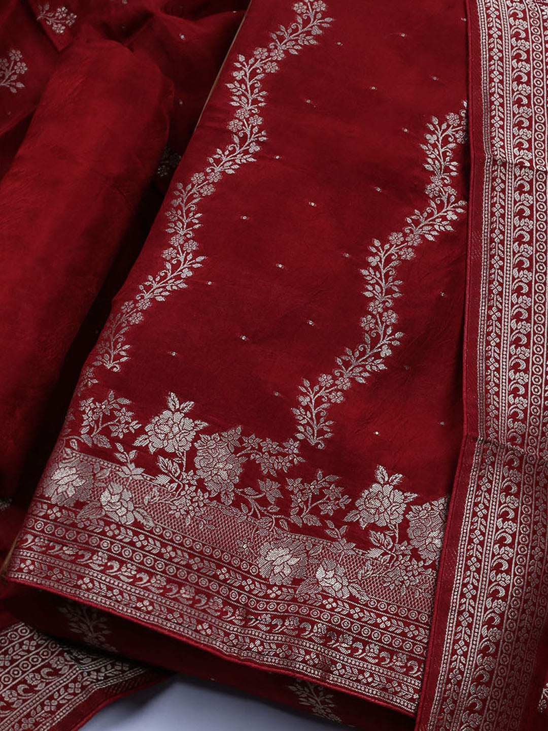Embroidered Art Silk Unstitched Suit With Dupatta