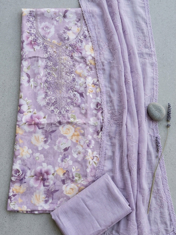 Embroidered Cotton Blend Unstitched Suit With Pant &amp; Dupatta